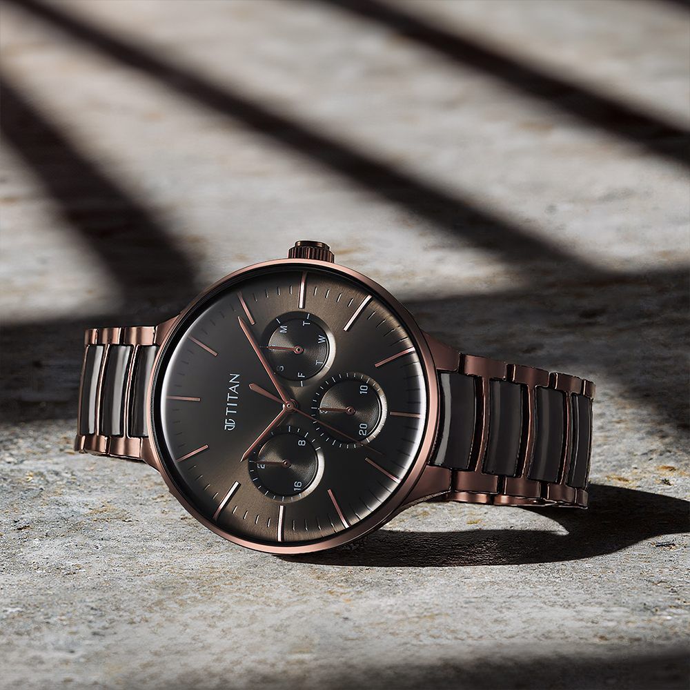 Titan Ceramic Fusion Multifunction Black Dial With Two Toned Color Stainless Steel Strap Watch For Men