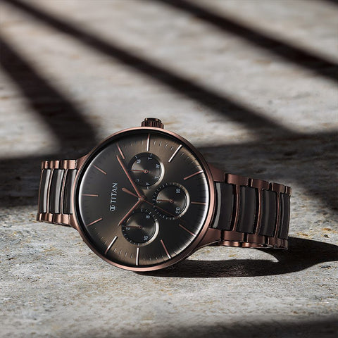 Titan Ceramic Fusion Multifunction Black Dial With Two Toned Color Stainless Steel Strap Watch For Men