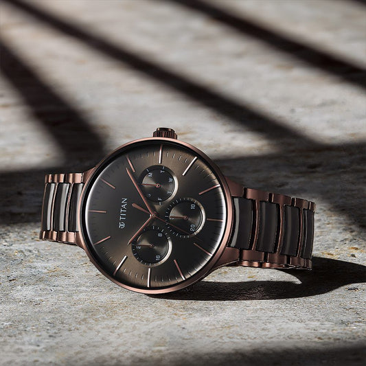 Titan Ceramic Fusion Multifunction Black Dial With Two Toned Color Stainless Steel Strap Watch For Men