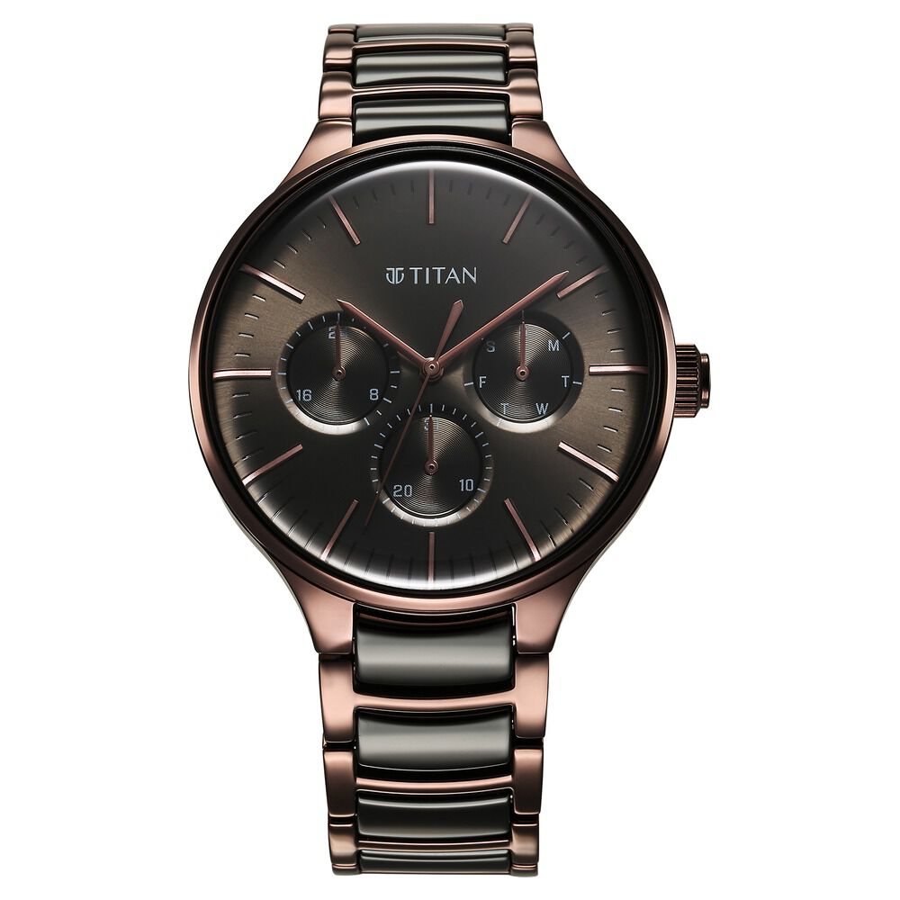 Titan Ceramic Fusion Multifunction Black Dial With Two Toned Color Stainless Steel Strap Watch For Men