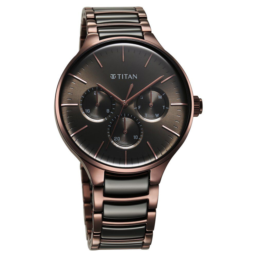 Titan Ceramic Fusion Multifunction Black Dial With Two Toned Color Stainless Steel Strap Watch For Men