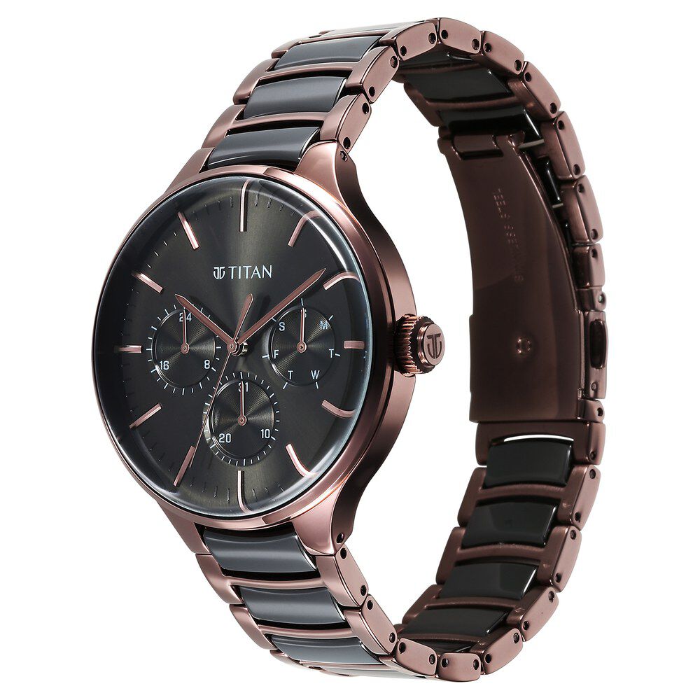 Titan Ceramic Fusion Multifunction Black Dial With Two Toned Color Stainless Steel Strap Watch For Men