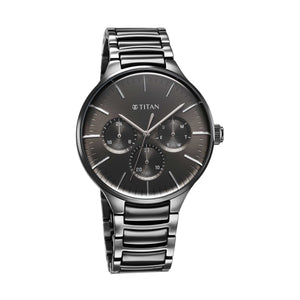 Titan Ceramic Fusion Multifunction Black Round Dial Two Toned Stainless Steel Strap Watch For Men