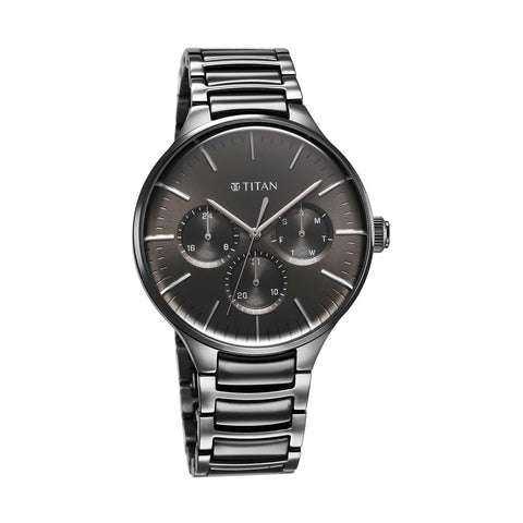 Titan Ceramic Fusion Multifunction Black Round Dial Two Toned Stainless Steel Strap Watch For Men