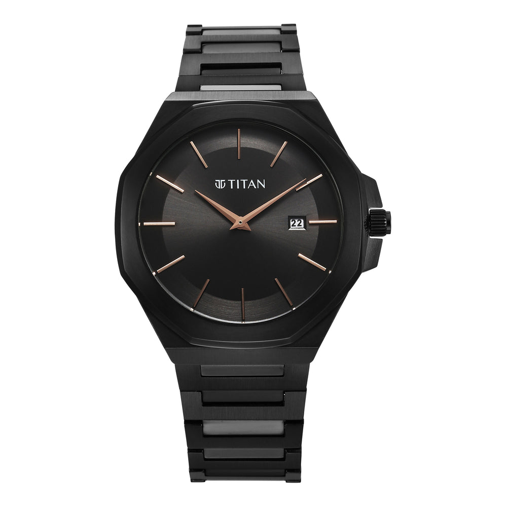 Titan Classic Slim Quartz Analog with Date Black Dial Stainless Steel Strap Watch for Men