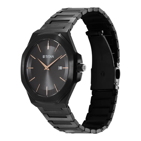 Titan Classic Slim Quartz Analog with Date Black Dial Stainless Steel Strap Watch for Men