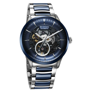 Titan Ceramic Fusion Automatic Blue Dial Silver Dual-Toned Stainless Steel Bracelet Watch for Men