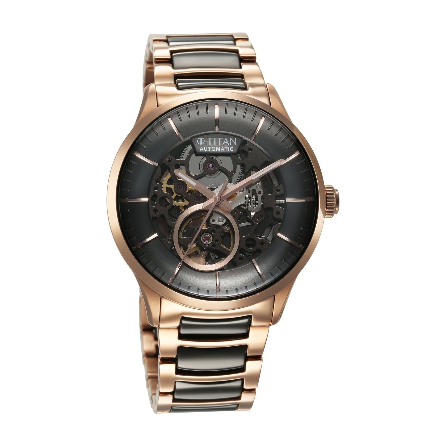 Titan Ceramic Fusion Automatic Black Dial Rose Gold Dual-Toned Stainless Steel Bracelet Watch for Men