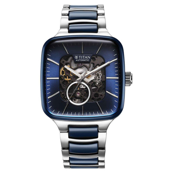 Titan Ceramic Fusion Automatic Square Blue Dial Rose Gold Dual-Toned Stainless Steel Bracelet Watch for Men