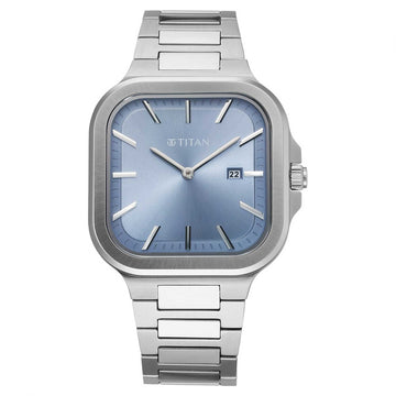 Titan Classique Slim Square Quartz Analog with Date Blue Dial Silver Stainless Steel Strap Watch For Men