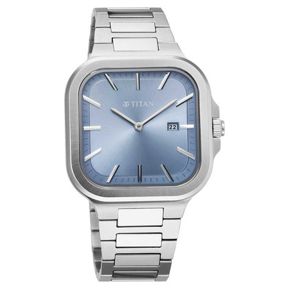 Titan Classique Slim Square Quartz Analog with Date Blue Dial Silver Stainless Steel Strap Watch For Men
