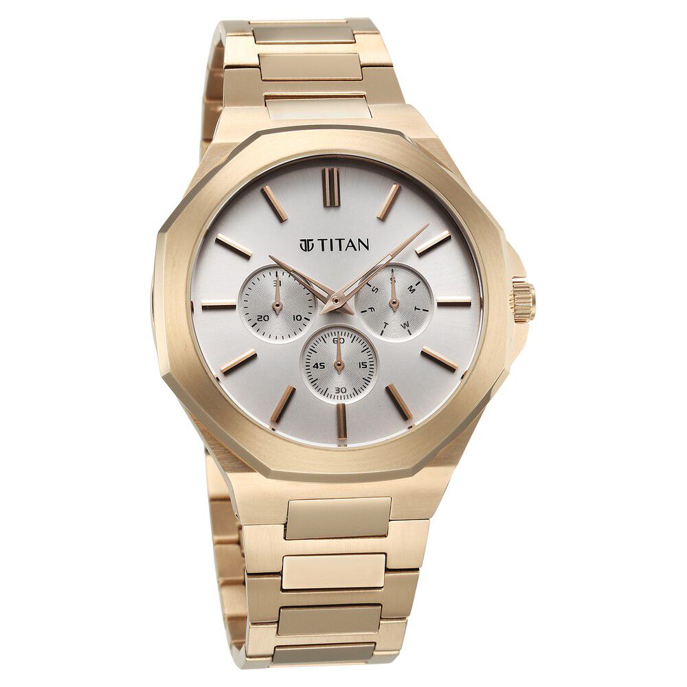 Titan Classic Slim Multifunction Multifunction Silver Dial Carnation Gold Stainless Steel Strap Watch For Men