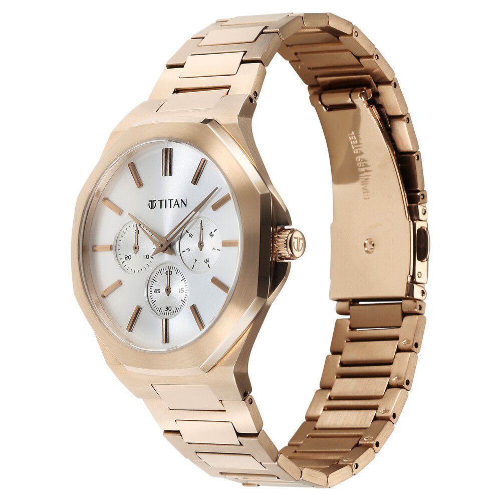 Titan Classic Slim Multifunction Multifunction Silver Dial Carnation Gold Stainless Steel Strap Watch For Men