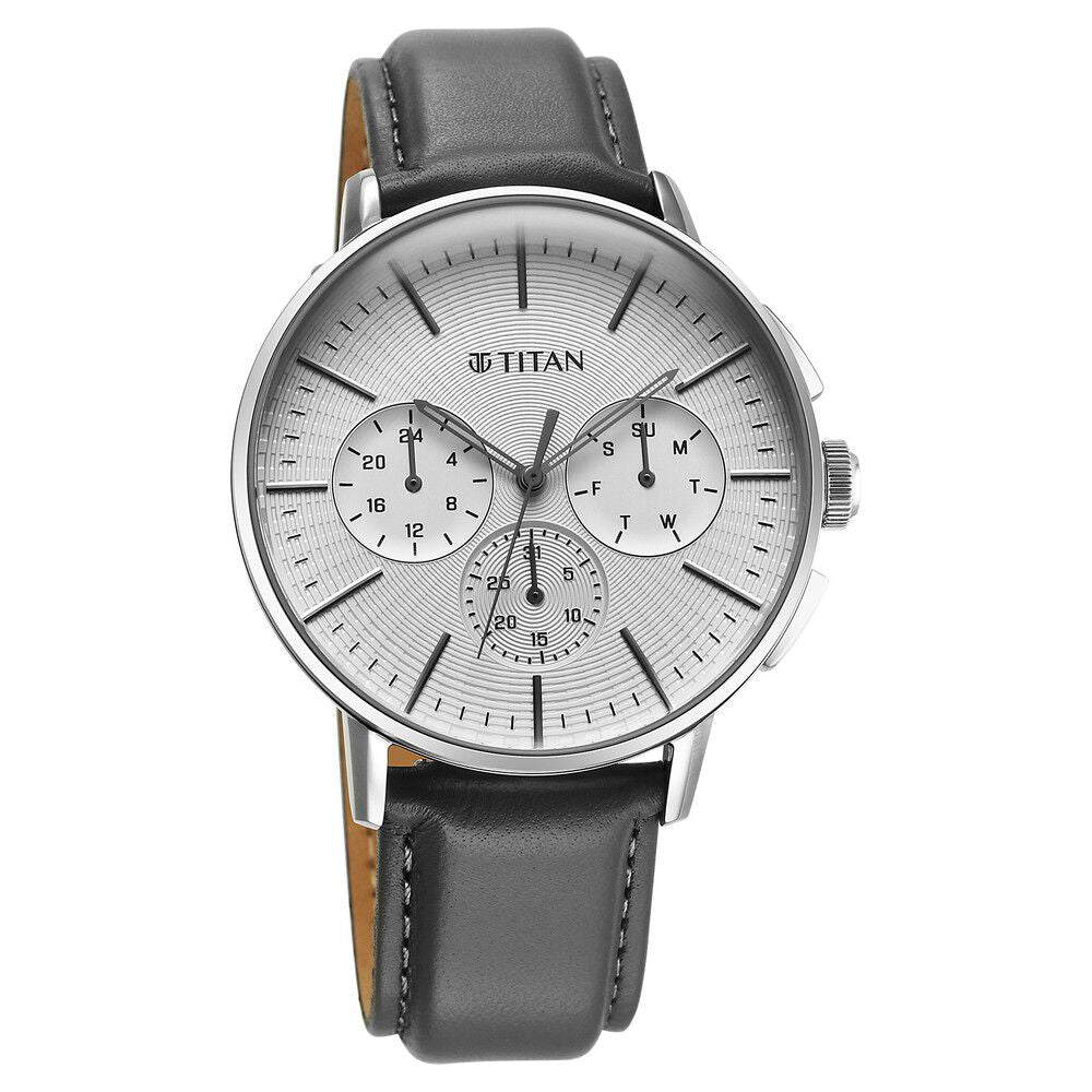 Titan Light leathers Multifunction Silver Dial Leather Strap Watch For Men