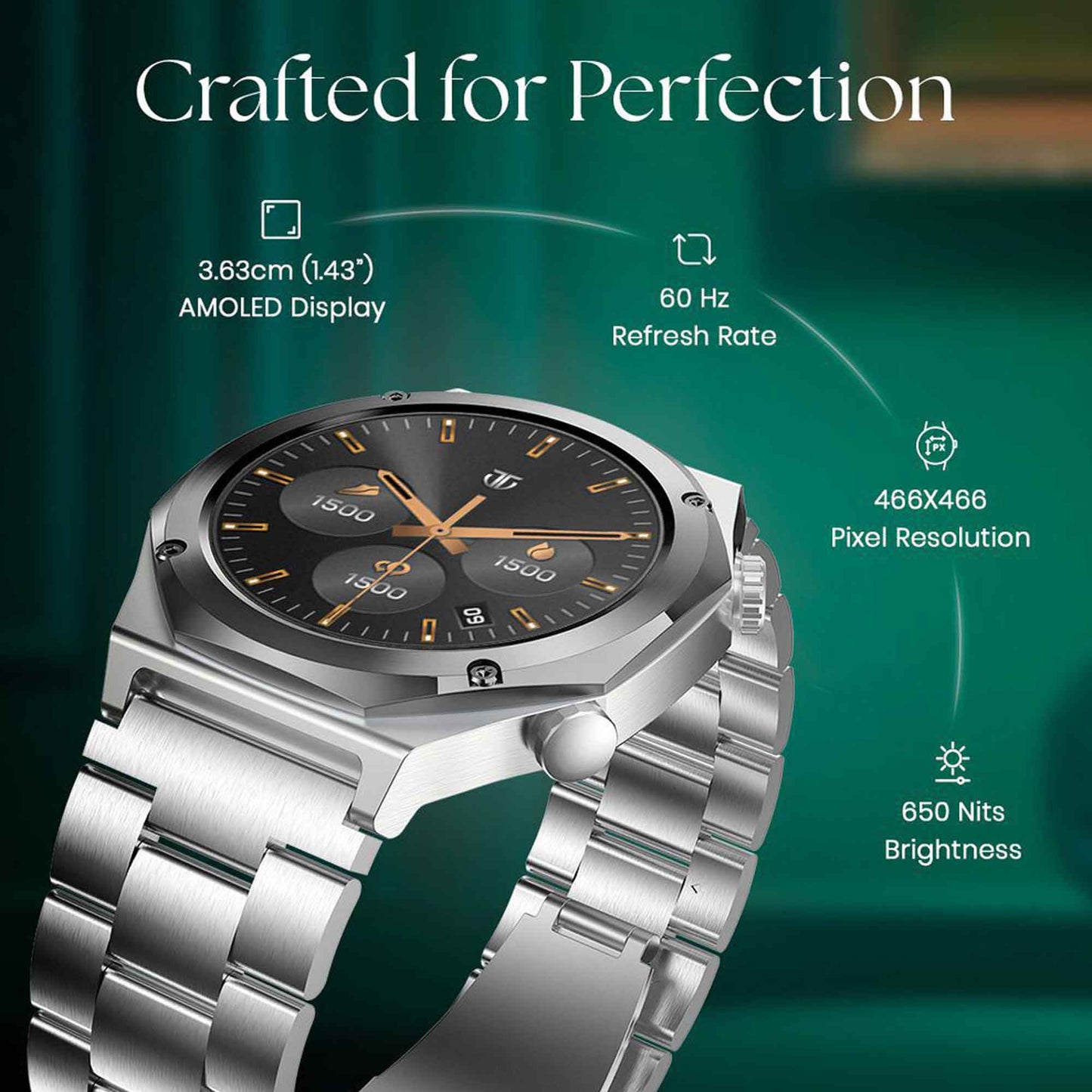 Titan Maestro Premium Metal Smartwatch with All SS construction, SingleSync BT Calling, Functional Crown 90208NM01