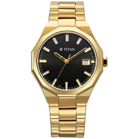 Titan Regalia Dodecagon Quartz Analog with Date Black Dial Golden Stainless Steel Strap Watch For Men