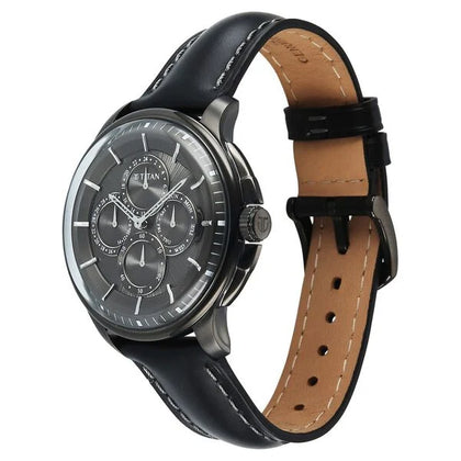 Titan Black Dial Leather Strap Multifunction Watch for Men