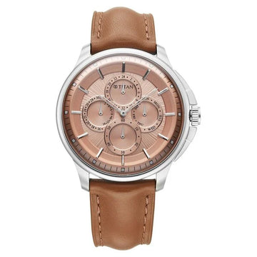Titan Pink Dial Brown Leather Strap Multifunction Watch for Men
