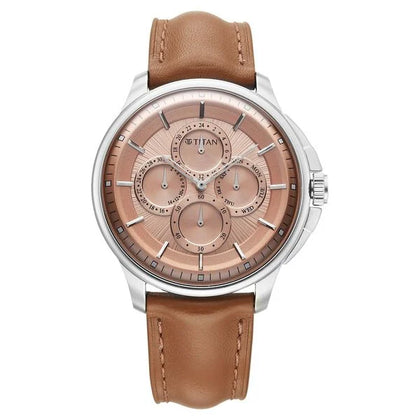 Titan Pink Dial Brown Leather Strap Multifunction Watch for Men