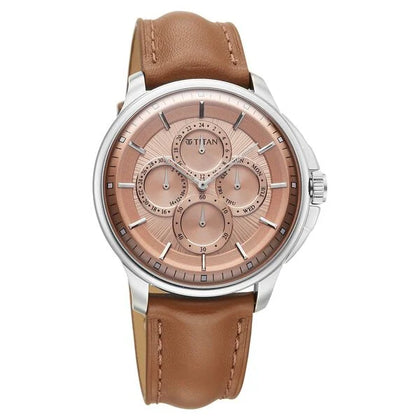 Titan Pink Dial Brown Leather Strap Multifunction Watch for Men