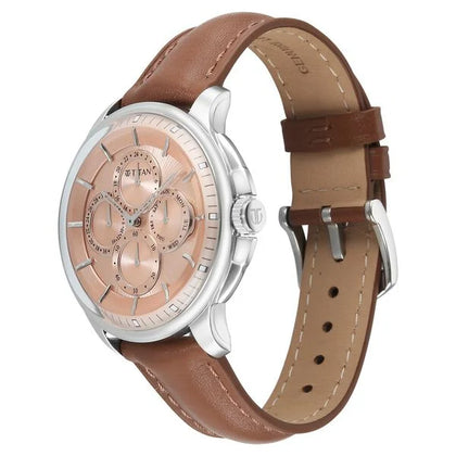 Titan Pink Dial Brown Leather Strap Multifunction Watch for Men