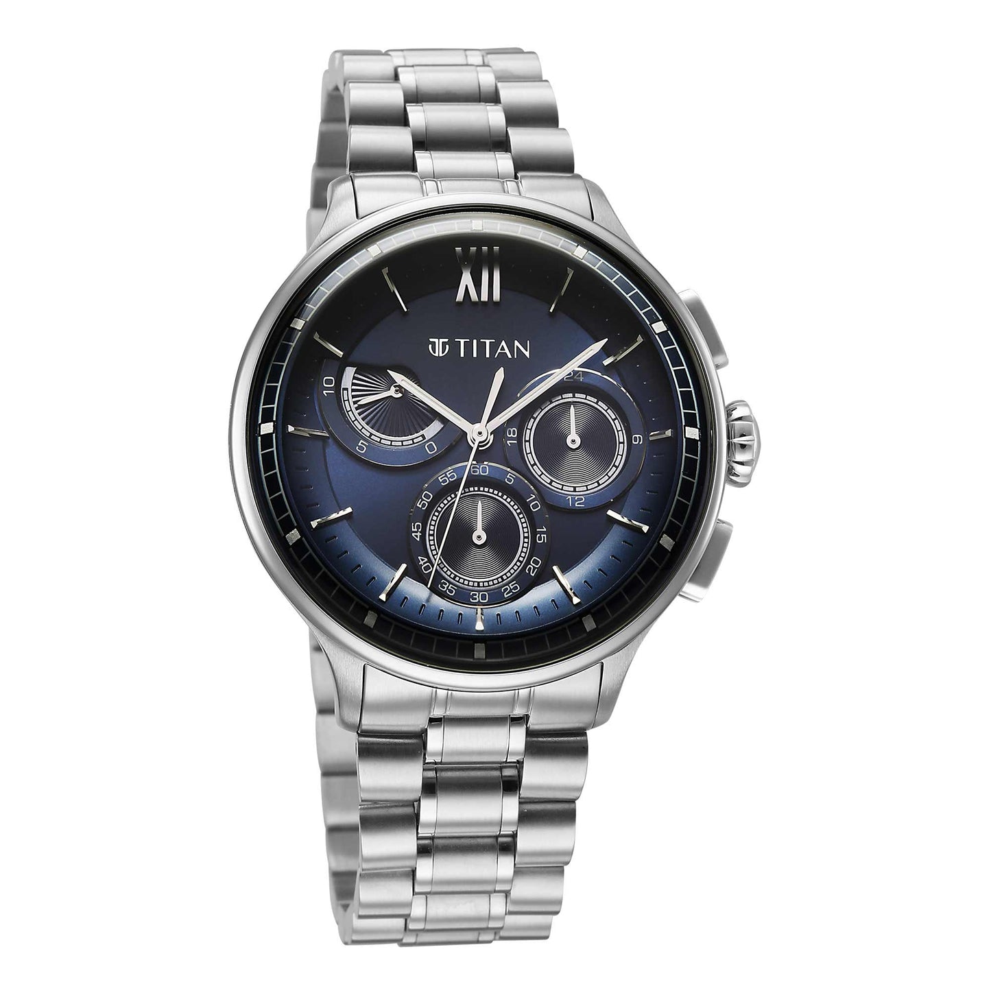 Titan Classique Blue Dial Silver Stainless Steel Strap Chronograph Watch for Men
