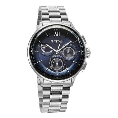 Titan Classique Blue Dial Silver Stainless Steel Strap Chronograph Watch for Men