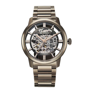 Titan Black Dial Brown Stainless Steel Strap Skeletal Automatic Watch for Men