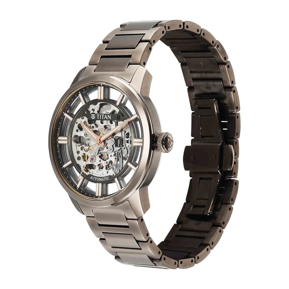 Titan Black Dial Brown Stainless Steel Strap Skeletal Automatic Watch for Men