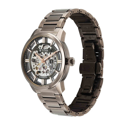 Titan Black Dial Brown Stainless Steel Strap Skeletal Automatic Watch for Men
