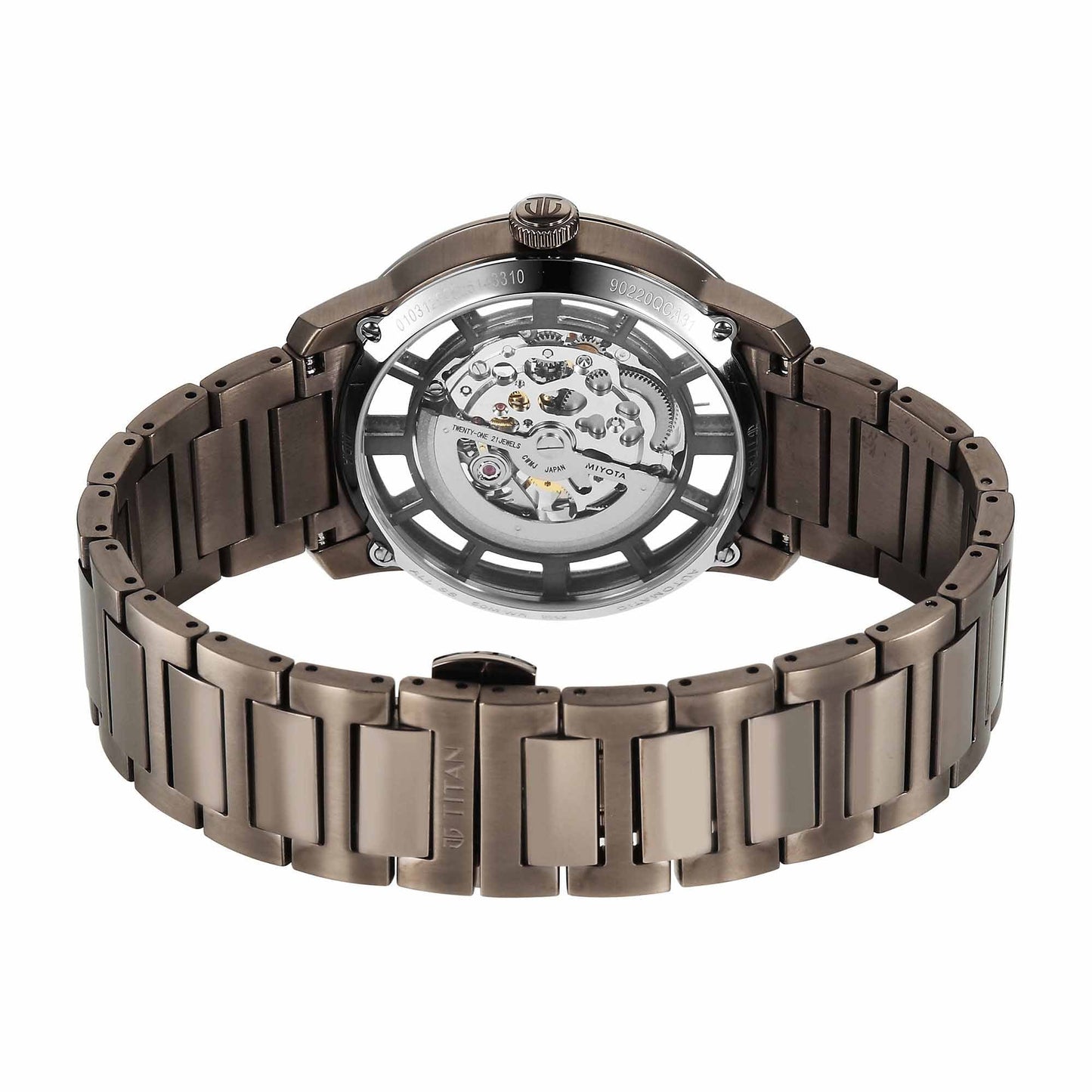 Titan Black Dial Brown Stainless Steel Strap Skeletal Automatic Watch for Men