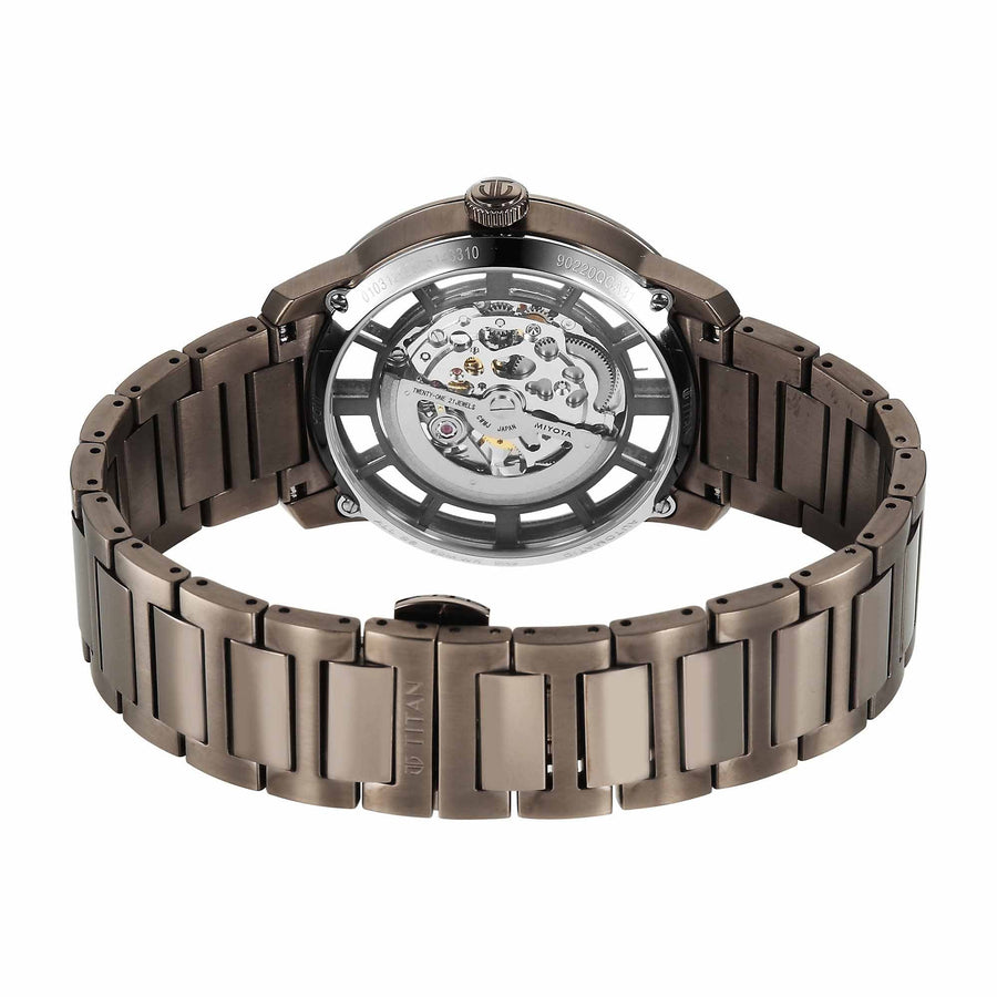 Titan Black Dial Brown Stainless Steel Strap Skeletal Automatic Watch for Men