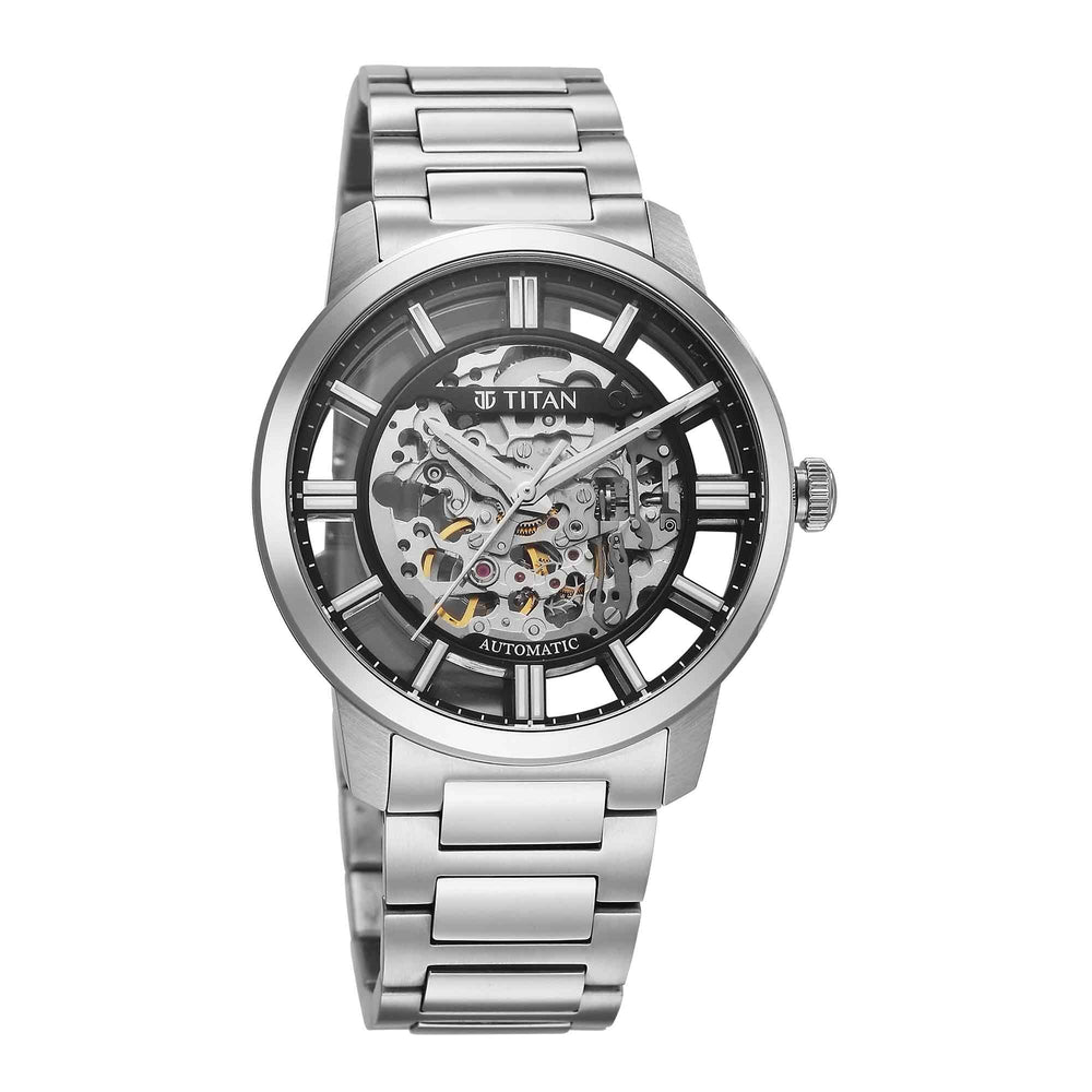 Titan Black Dial Silver Stainless Steel Strap Skeletal Automatic Watch for Men