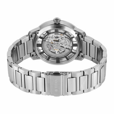Titan Black Dial Silver Stainless Steel Strap Skeletal Automatic Watch for Men