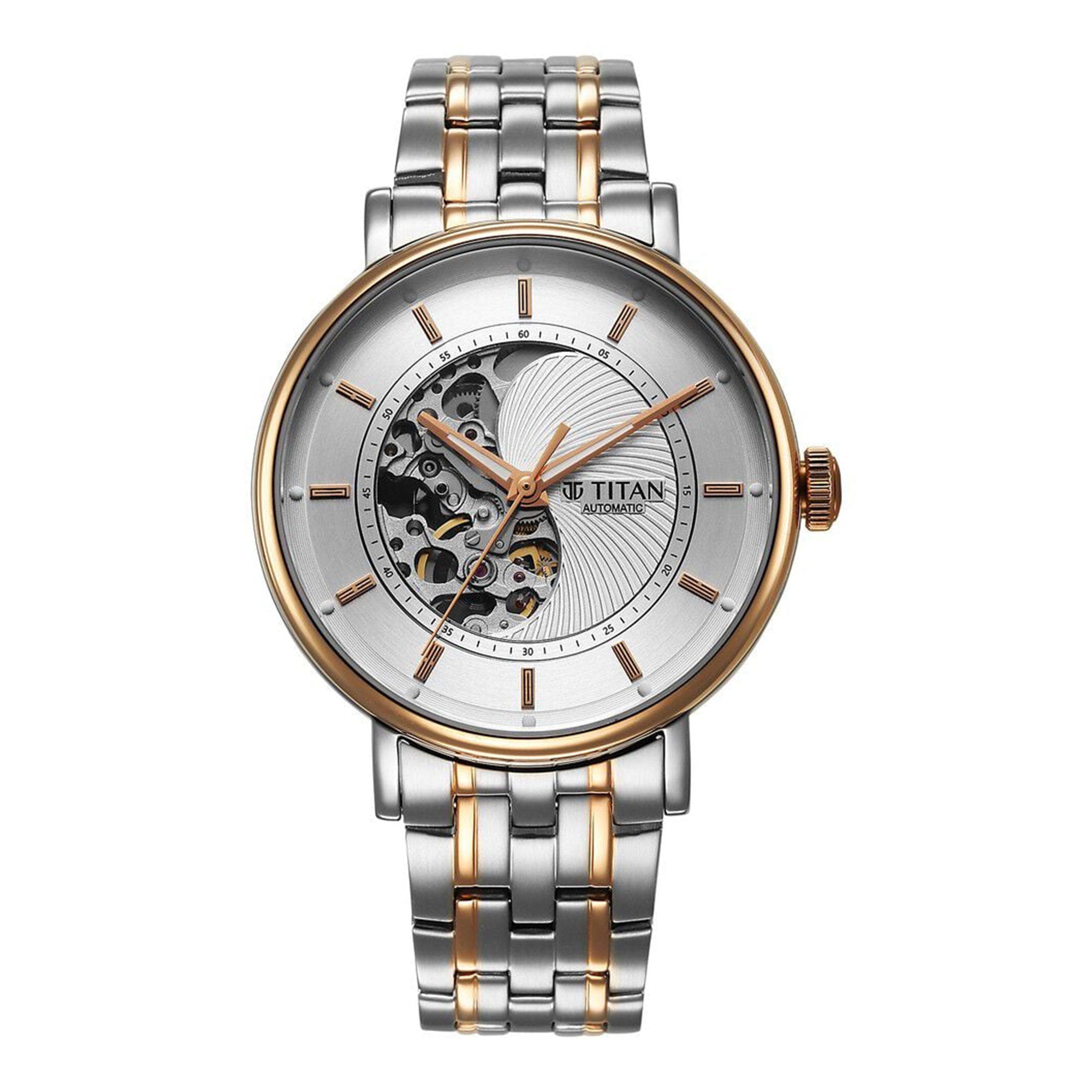 Titan Yin Yang Skeletal Automatic Analog with White Dial Silver and Rose Gold Stainless Steel Strap Watch for Men