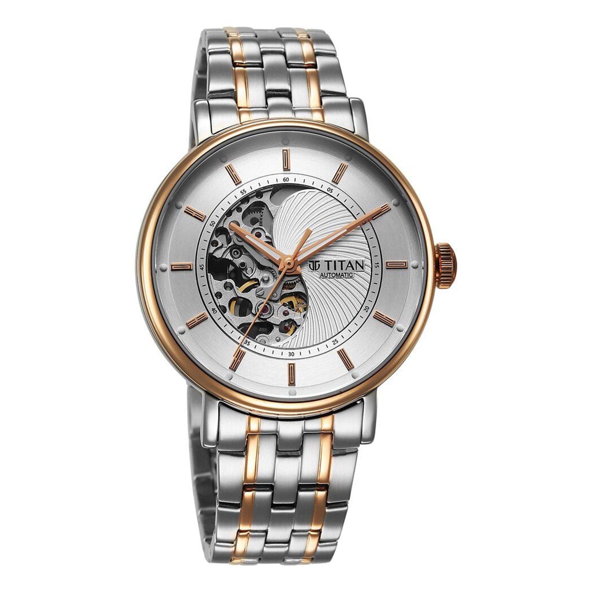 Titan Yin Yang Skeletal Automatic Analog with White Dial Silver and Rose Gold Stainless Steel Strap Watch for Men