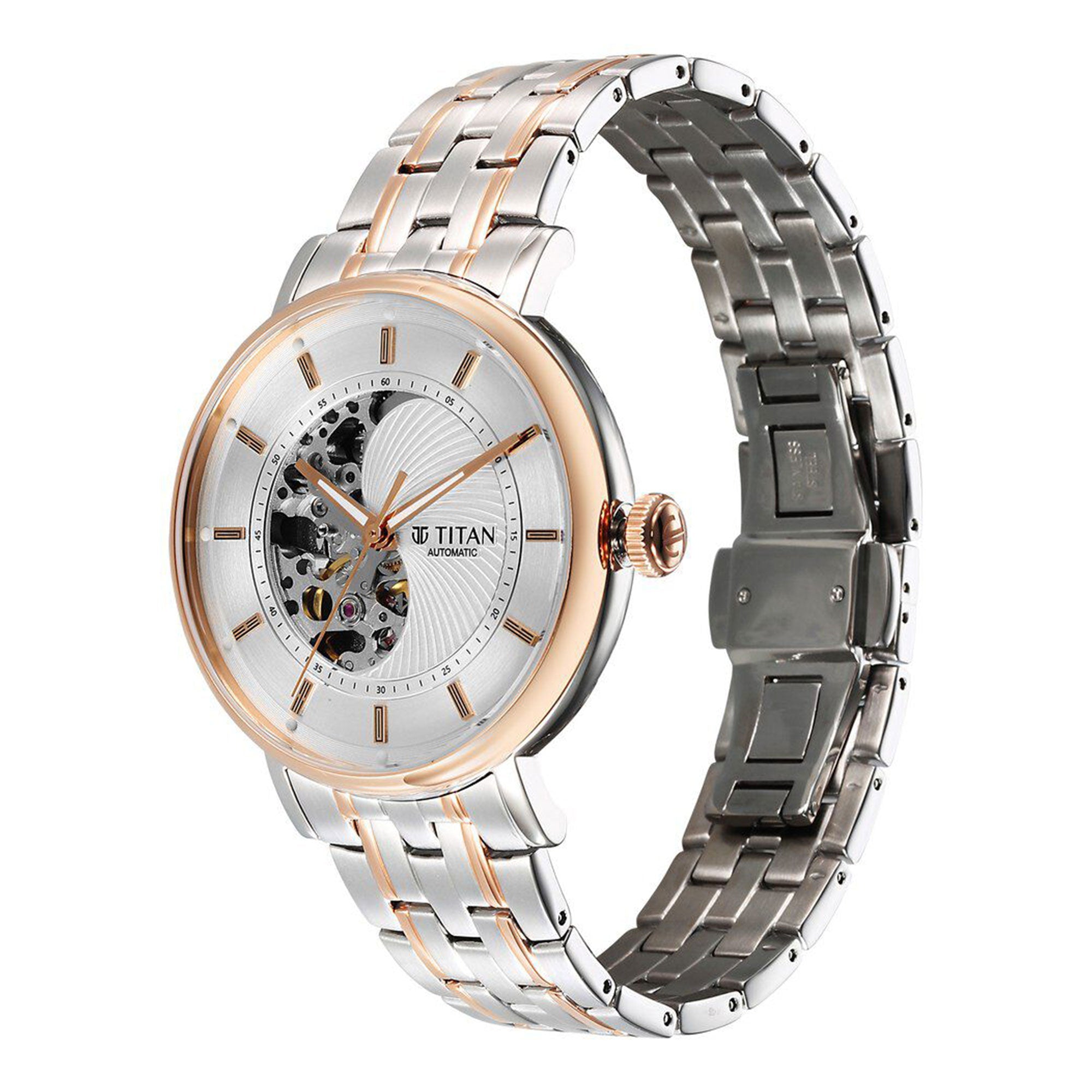 Titan Yin Yang Skeletal Automatic Analog with White Dial Silver and Rose Gold Stainless Steel Strap Watch for Men