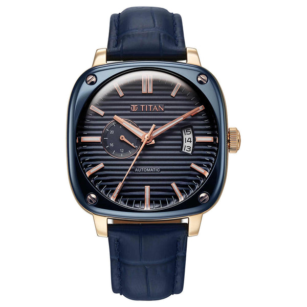 Titan Blue Dial Leather Strap Concealed Automatic Watch for Men