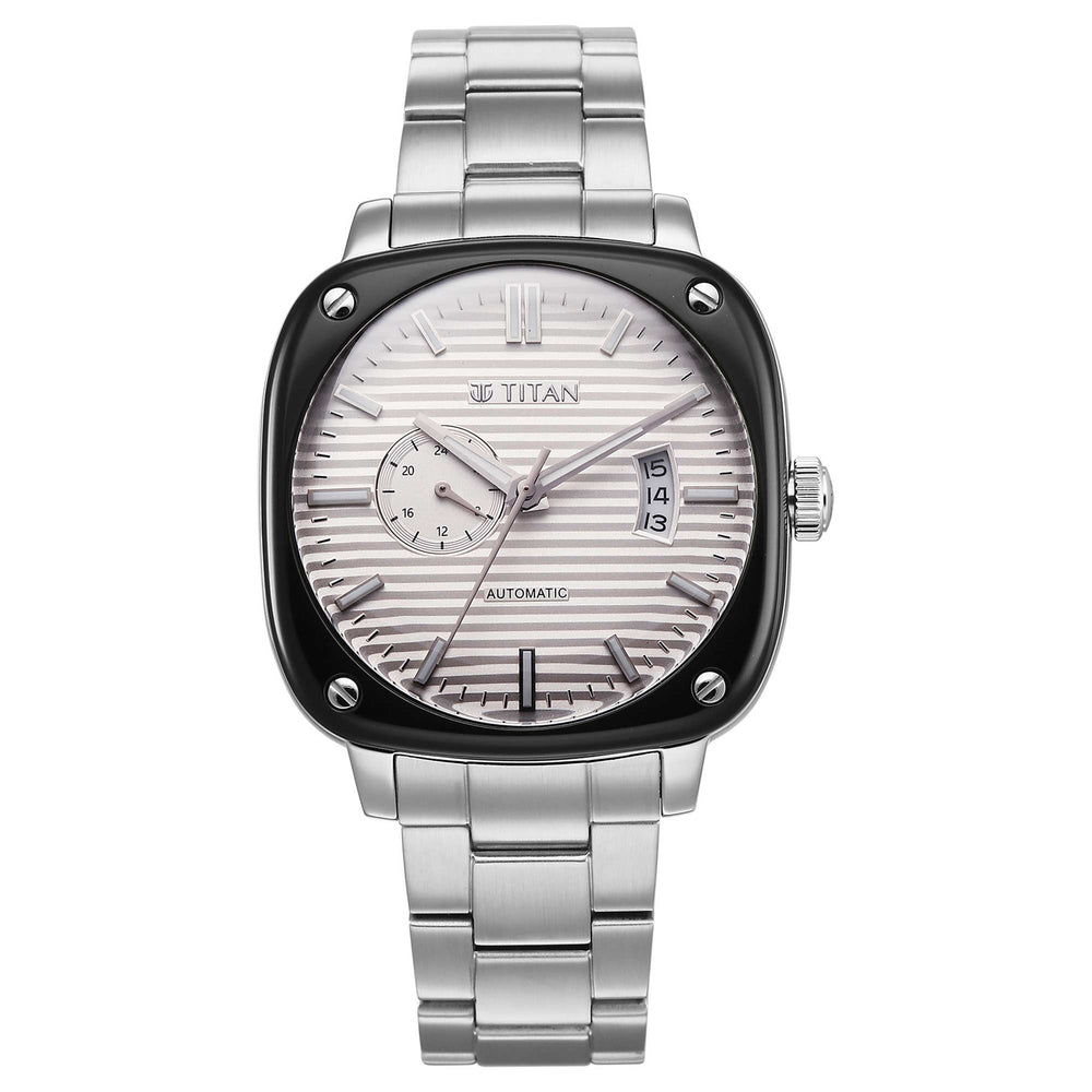 Titan White Dial Silver Metal Strap Concealed Automatic Watch for Men
