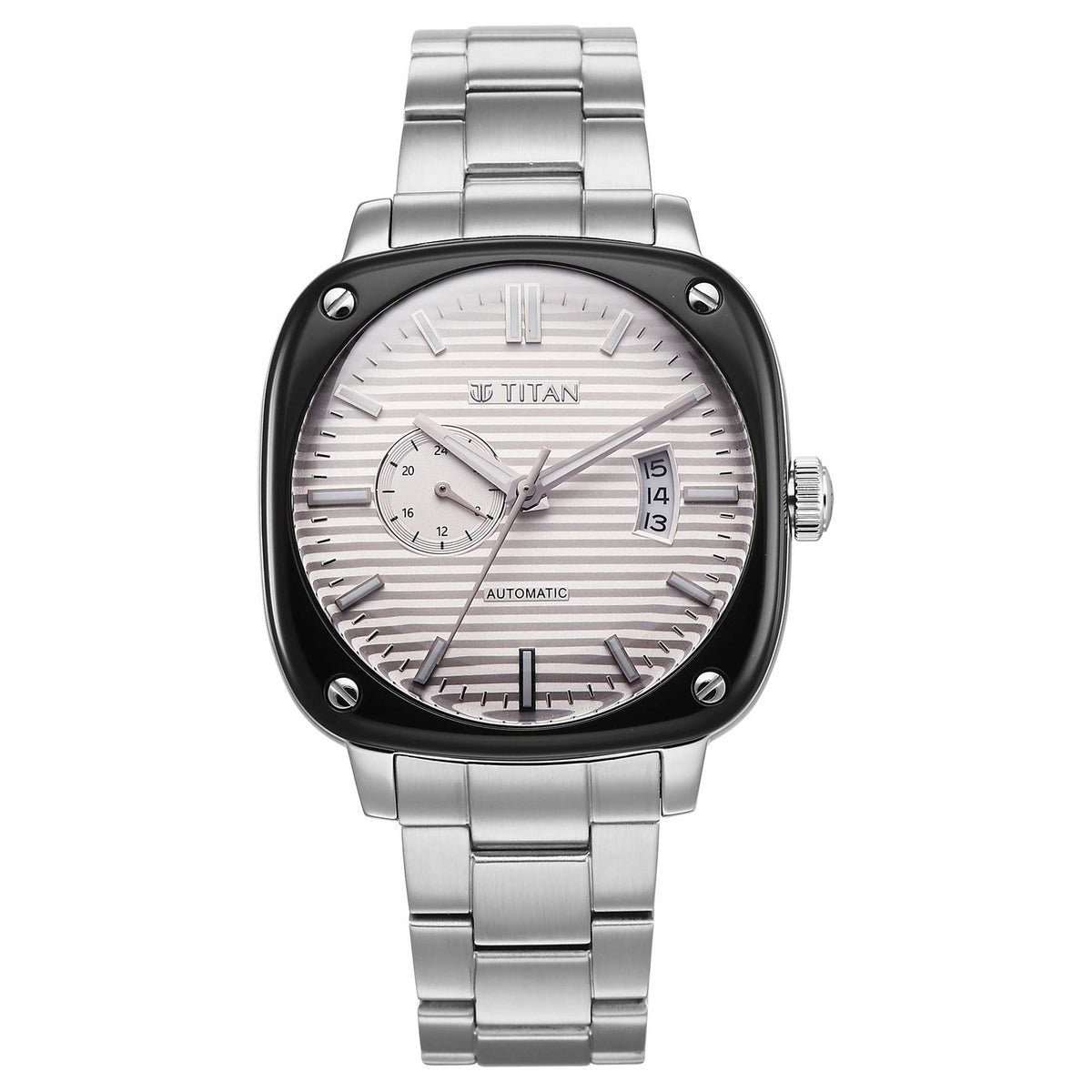 Titan White Dial Silver Metal Strap Concealed Automatic Watch for Men