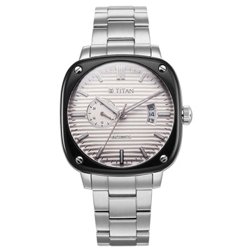 Titan White Dial Silver Metal Strap Concealed Automatic Watch for Men