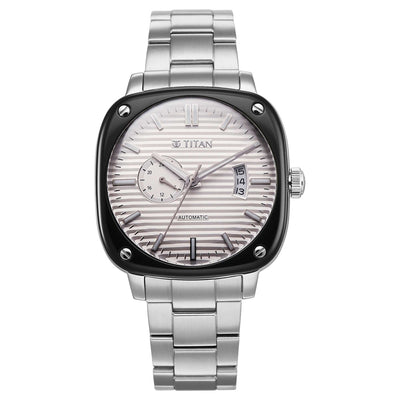 Titan White Dial Silver Metal Strap Concealed Automatic Watch for Men