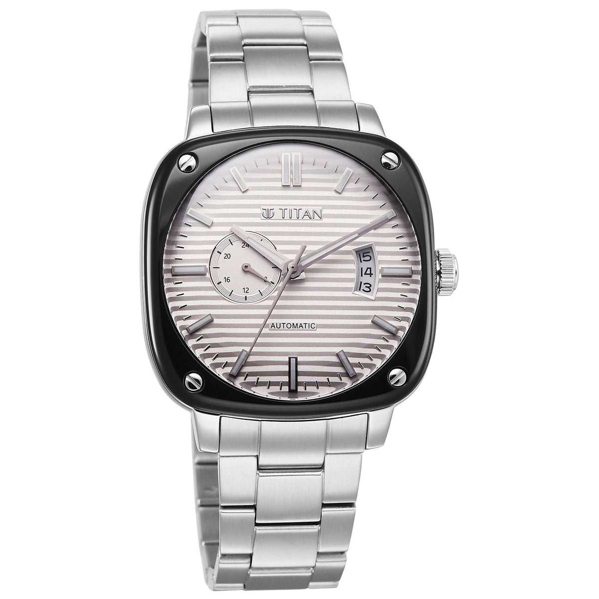 Titan White Dial Silver Metal Strap Concealed Automatic Watch for Men