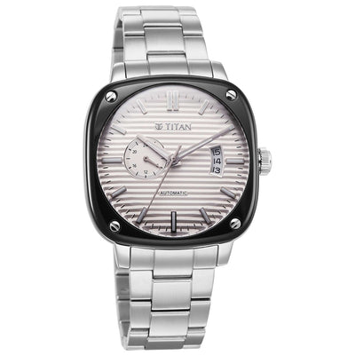 Titan White Dial Silver Metal Strap Concealed Automatic Watch for Men