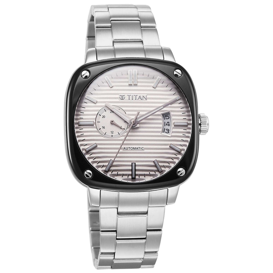 Titan White Dial Silver Metal Strap Concealed Automatic Watch for Men