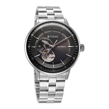 Titan Black Dial Silver Stainless Steel Strap Open Heart Automatic Watch for Men