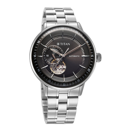 Titan Black Dial Silver Stainless Steel Strap Open Heart Automatic Watch for Men