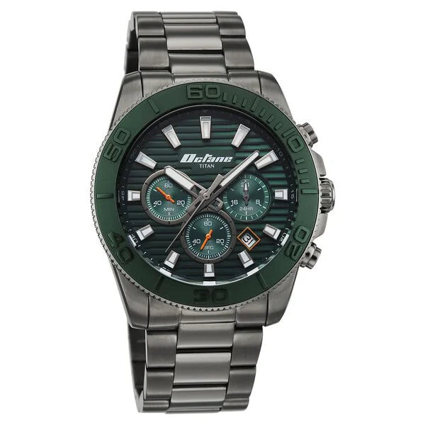 Titan Octane Green Dial Grey Stainless Steel Multifunction Watch for Men