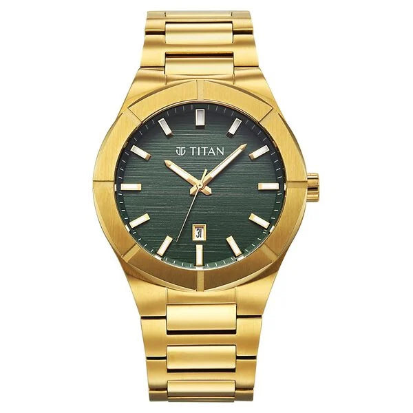 Titan Regalia Green Dial Gold Stainless Steel Analog with Date Watch for Men