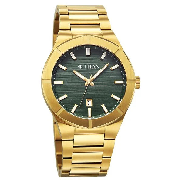 Titan Regalia Green Dial Gold Stainless Steel Analog with Date Watch for Men